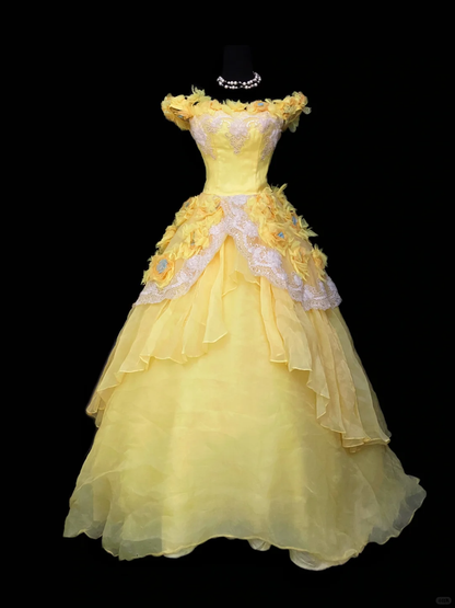 Vintage Off The Shoulder Yellow Tulle Lace Appliques Quinceanera Dress Sweet 15 Dress SP4081