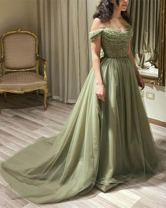 Beautiful Long Green A-line Off-the-shoulder Sequined Beading Prom Dress Y5841