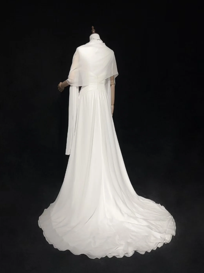 Classy Spaghetti Straps White Chiffon Beaded Mermaid Long Evening Dress Formal Birthday Prom Dresses With Cape SP1381