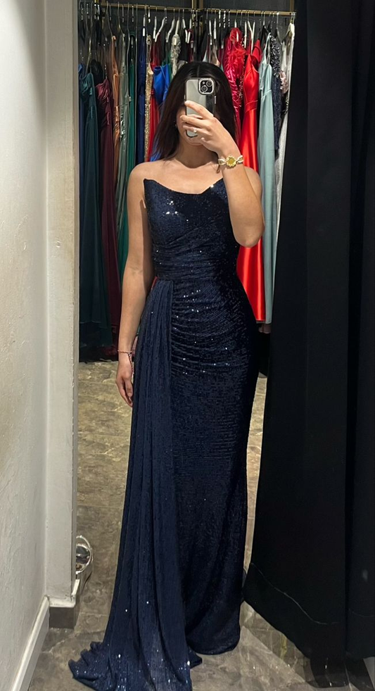 Glamorous Navy Blue Strapless Sequin Pleated Mermaid Long Prom Dress Evening Gown SP1328