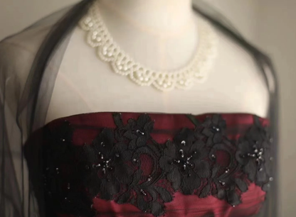 Vintage Strapless Burgundy Satin Lace Beaded Long Evening Dress Birthday Prom Dresses SP1234