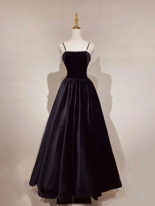 A-line Black Velvet Long Prom Dress, Black Formal Graduation With Pearls Y2033