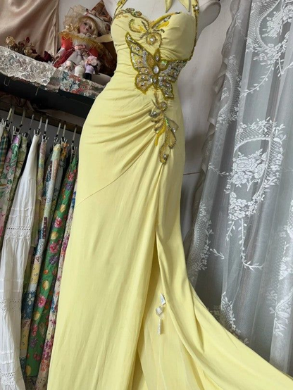 Elegant Yellow Mermaid Halter Neck Sequin Diamond Long Prom Dress,Backless Slit Evening Dress Y8554