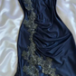 Vintage Navy Blue Satin Lace Appliques Mermaid Evening Dress Prom Dress Y8497