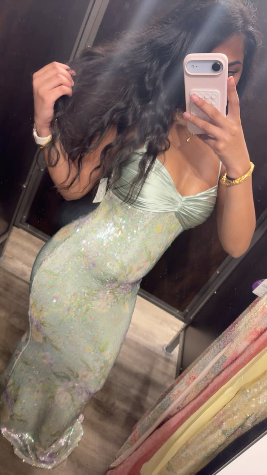 Pretty Spaghetti Straps Mint Green Sequin Floral Mermaid Long Party Dress Birthday Dress SP2535