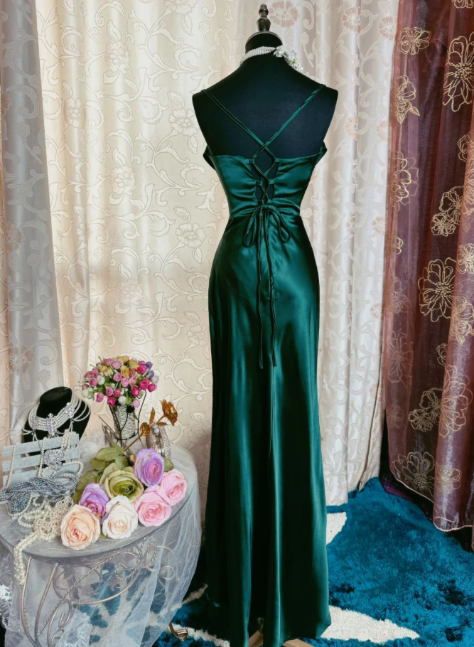 Unique Spaghetti Straps Emerald Green Satin Mermaid Slit Evening Dress Long Wedding Guest Dress SP1616