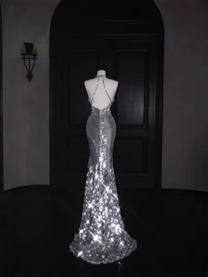 Sparkly Silver Deep V Halter Sequins Beaded Backless Evening Dress,Mermaid Prom Dress Y8687