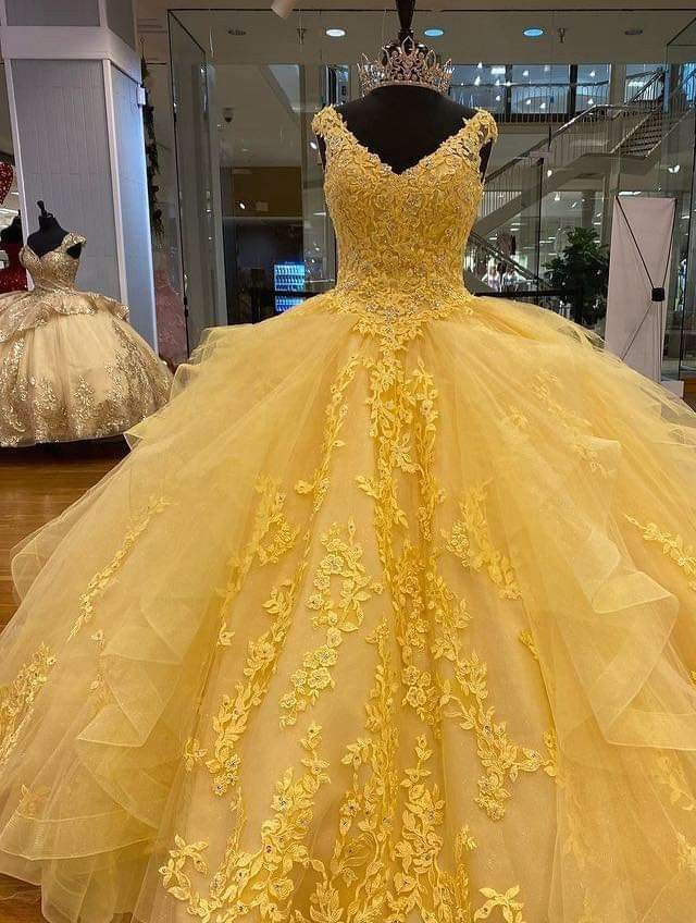Yellow A-line Tulle Lace Ball Gown Quinceanera Dress Sweet 15 Dress Y4 –  Simplepromdress