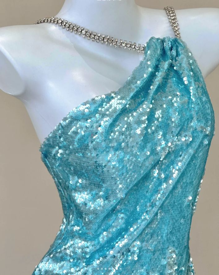 Sparkly Spaghetti Straps Blue Sequin Mermaid Evening Dress Long Prom Dresses SP710