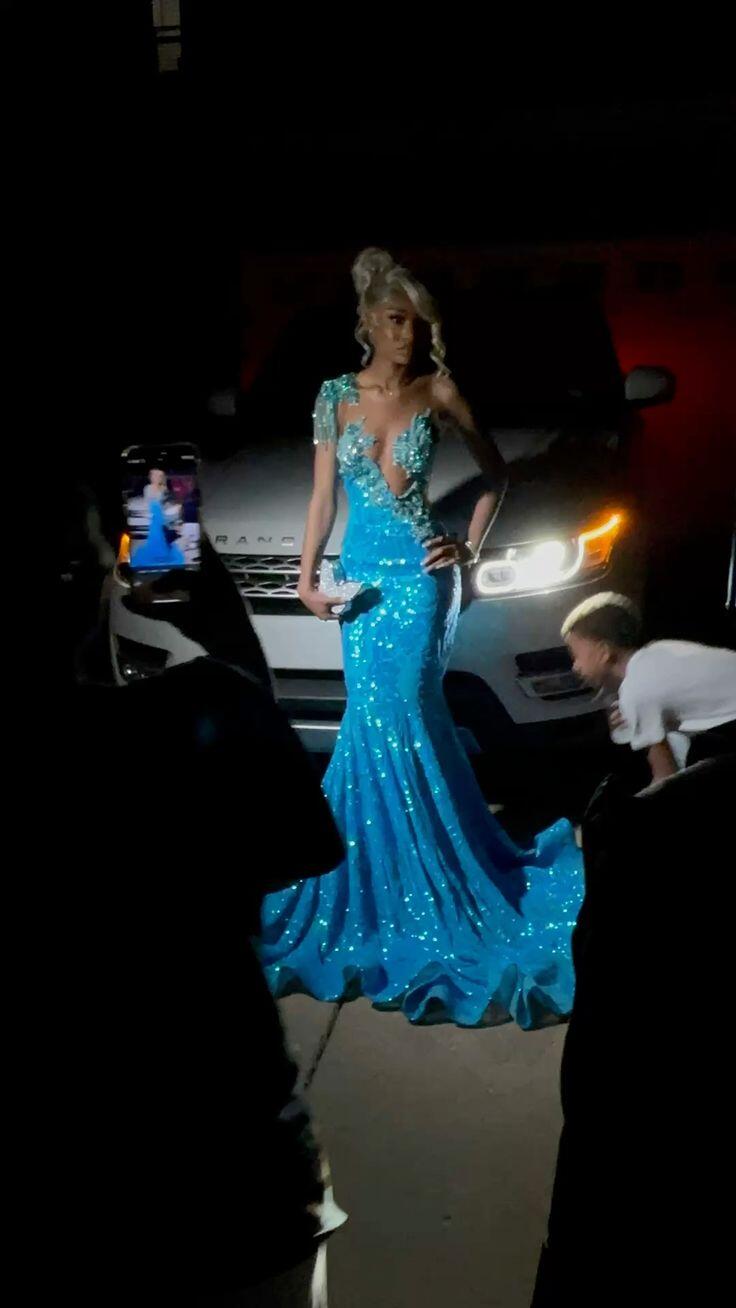 Gorgeous Blue Sequin Mermaid Long Prom Dress Party Gowns SP4014