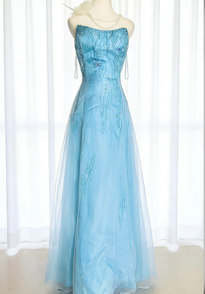 Classy Strapless Blue Tulle Beaded A Line Long Wedding Guest Dress Birthday Party Dress SP1637