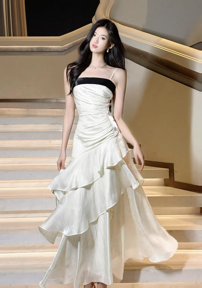Charming Spaghetti Straps Satin Pleated Ruffles Mermaid Long Party Dress Birthday Prom Dress SP2009