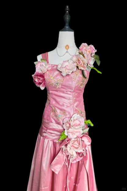 Beautiful Peach Pink Embroidered Floral Satin A Line Long Party Dress Birthday Dress With 3D Flowers SP2329