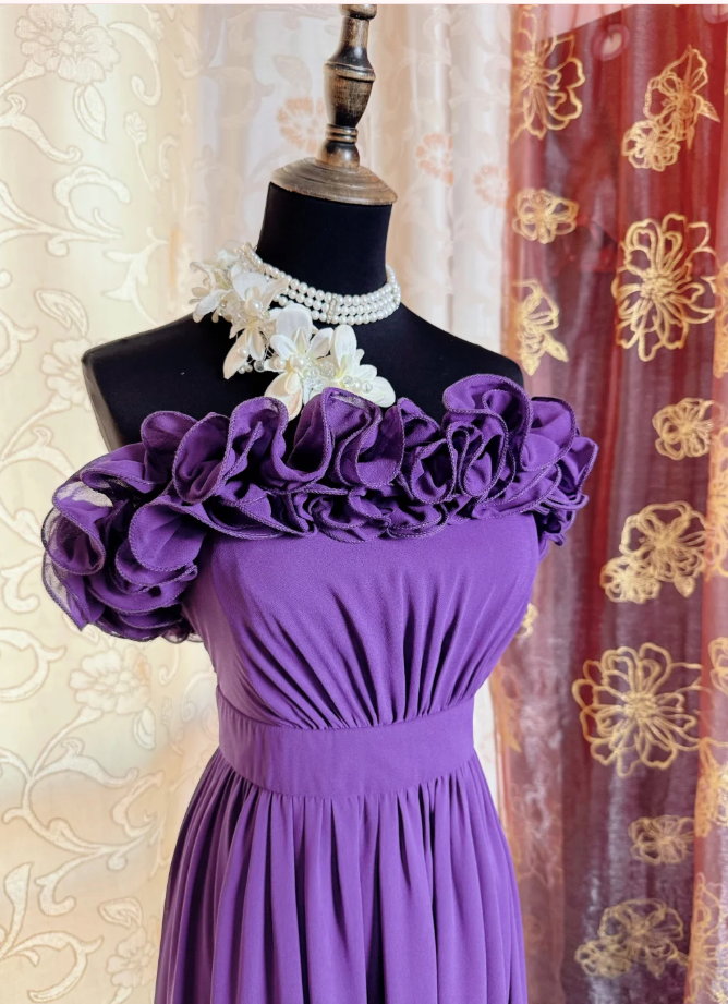 Classy Purple Ruffles Strapless Chiffon Long Prom Dress Evening Gown SP1895