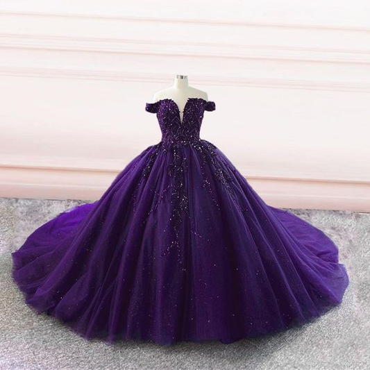 Purple tulle ball gown off the shoulder wedding dresses Y4310
