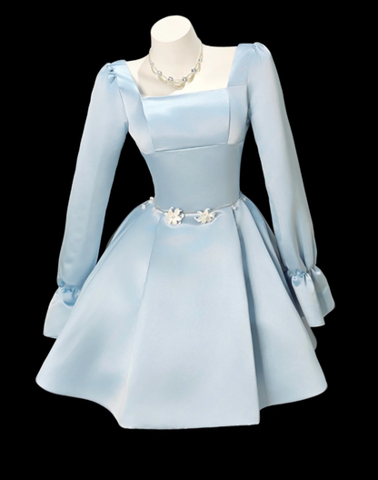 Cute Blue Square Neck Satin A Line Short Homecoming Dress Birthday Outfits SP1916