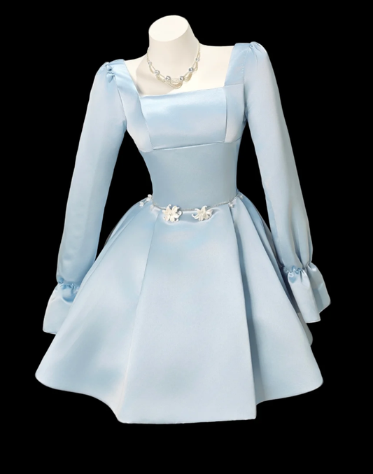 Cute Blue Square Neck Satin A Line Short Homecoming Dress Birthday Outfits SP1916