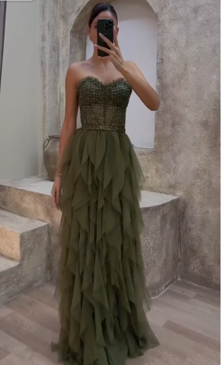 Gorgeous Green Tulle Beaded Long A Line Evening Dress,Strapless Prom Dress Y8197