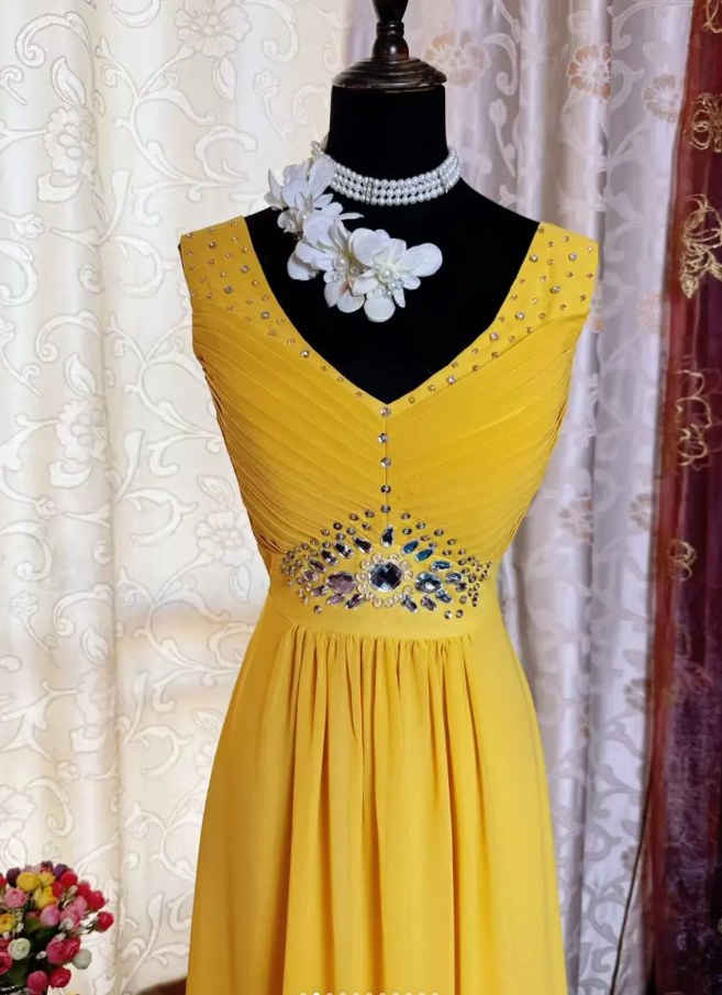 Vintage V Neck Yellow Chiffon Beaded A Line Long Party Dress Prom Dress SP1951