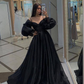 Black Long Sleeves Prom Dresses,Organza Formal Dresses,Party Dress with Train Y4418