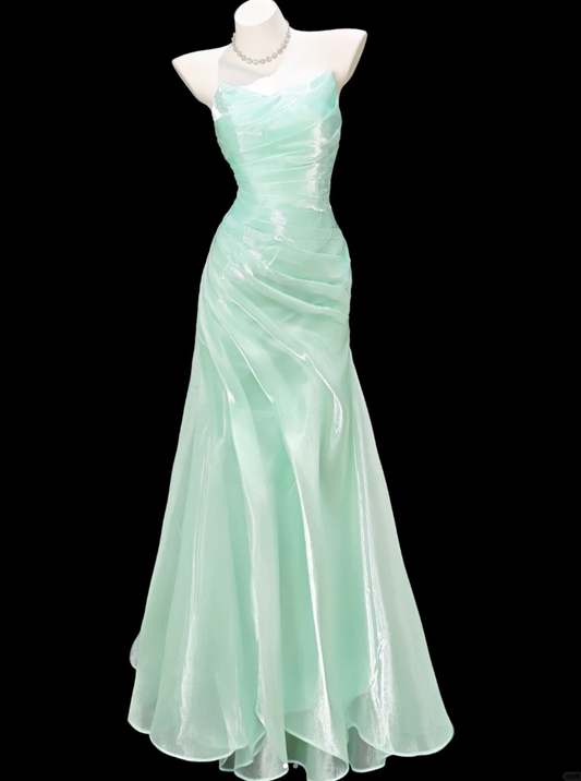 Classy Strapless Green Organza Pleated Mermaid Long Party Dress Birthday Prom Dress SP1930