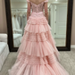 Pink Tulle Lace Off-the-Shoulder Ruffles Tiered Long Prom Dress Y2313