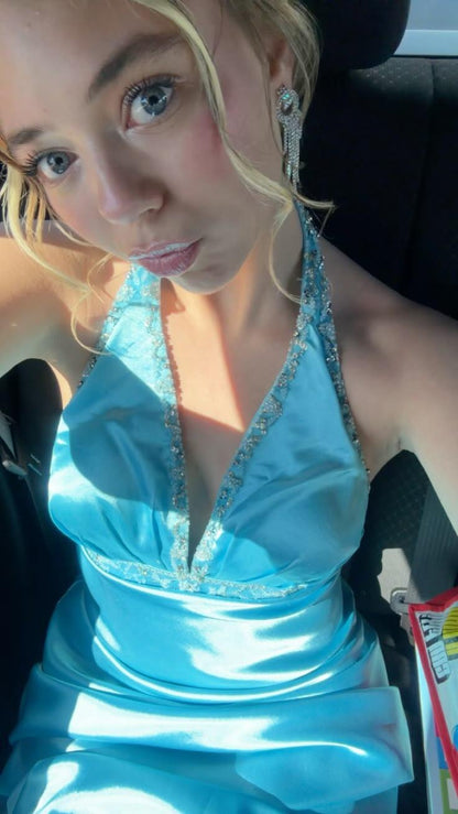 Elegant Halter V Neck Satin Beaded Long Prom Dress Blue Long Party Gown SP3757