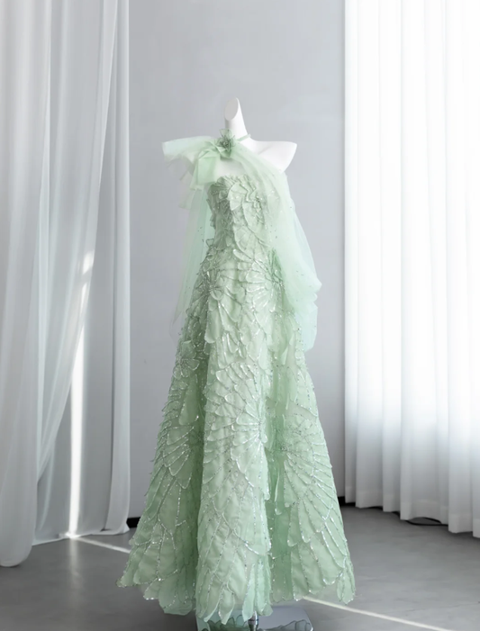 Pretty Mint Green Tulle Petals Sequin Beaded A Line Birthday Prom Dress Party Dress SP1520
