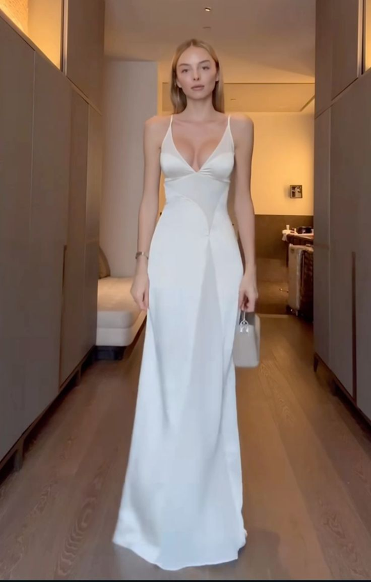 Elegant Spaghetti Straps White Satin V Neck Mermaid Long Wedding Guest Dress Formal Evening Dress SP1286