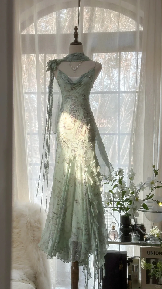 Vintage Spaghetti Straps Long Evening Dress, Sleeveless Green Mermaid Party Gowns Y9728