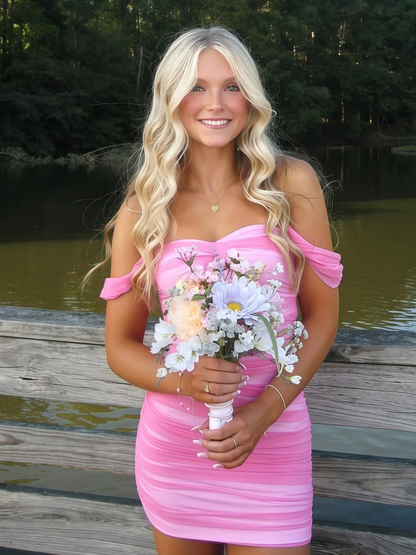 Classy Off The Shoulder Chiffon Pleated Sheath Mini Birthday Dress,Pink Short Graduation Homecoming Dress SP2873