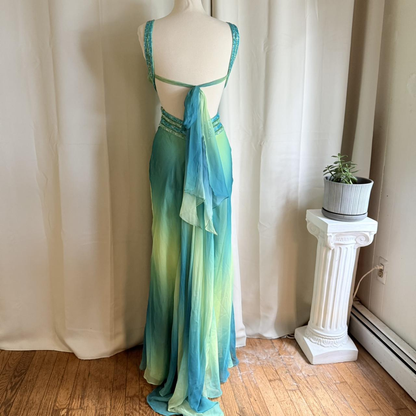 Chic V Neck Chiffon Sequin Backless Prom Dress Mermaid Long Party Gown SP445