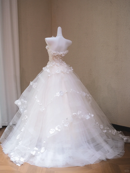 Sweet Strapless Tulle Appliques White Long Wedding Dress Bridal Dress Y9109