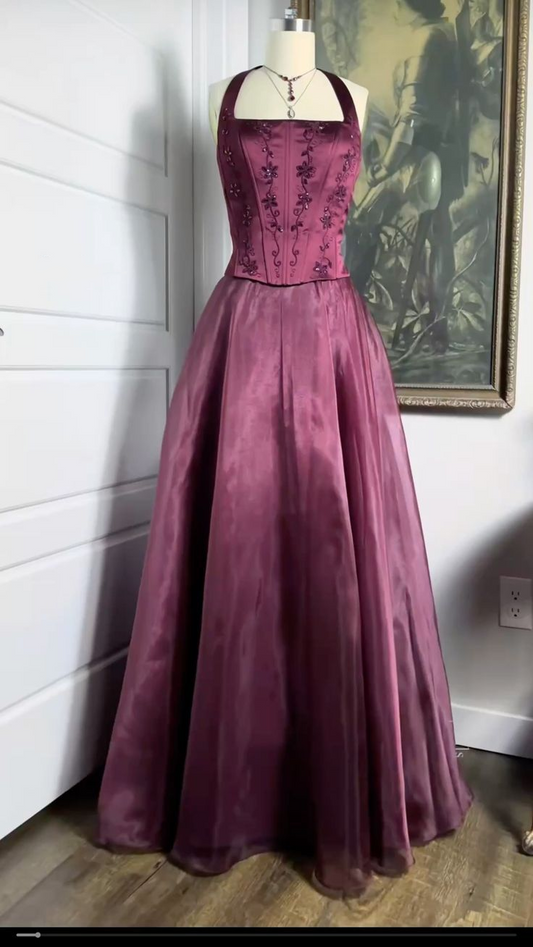 Vintage Burgundy Satin Beaded A Line Long Party Dress Prom Dresses SP2113