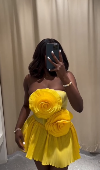Cute Strapless Satin A Line Yellow Flowers Short Homecoming Dress 15th Birthday Outfits SP20