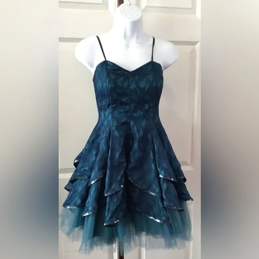 Vintage Blue Satin Lace Tulle Sequin Layered A Line Short Homecoming Dress Cocktail Dress SP135