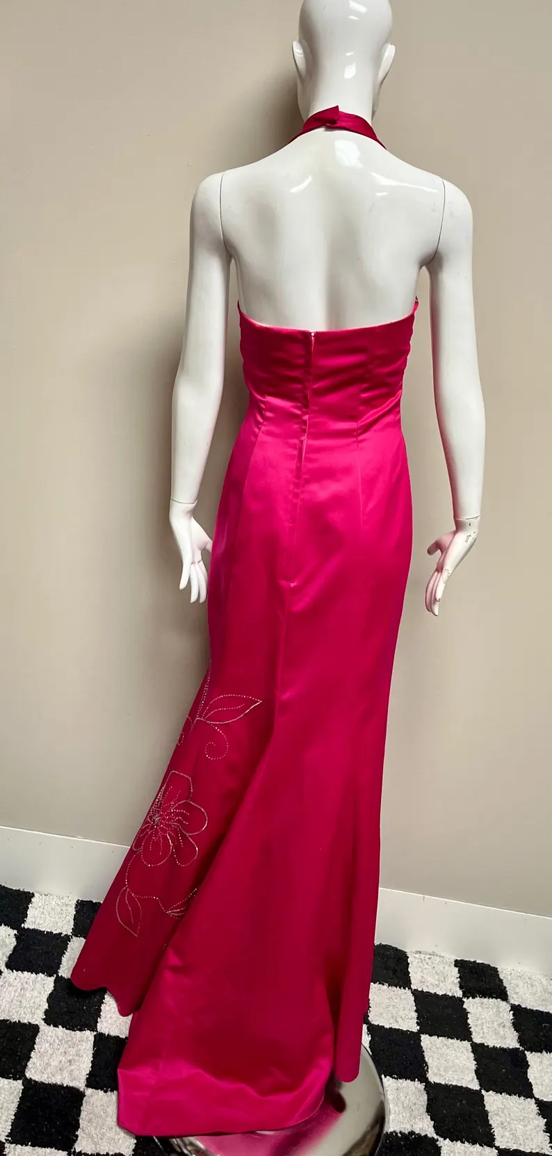 Fashion Hot Pink Halter Satin Beaded mermaid Long Evening Dress Formal Birthday Prom Dress SP1360