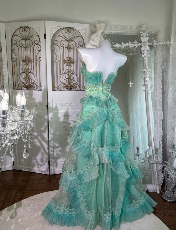 Chaming Mint Green Tulle Beaded Ruffles Long Wedding Guest Dress Strapless Birthday Party Dress SP1457