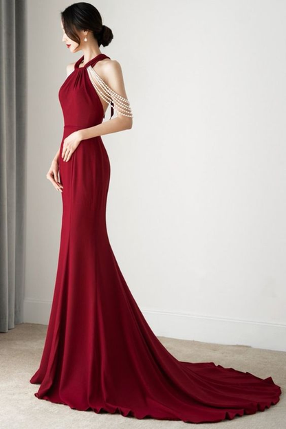 Sexy Backless Evening Party Dress Halter Tassel Mermaid Vintage Party Simplepromdress Sexy Backless Evening Party Dress Halter Tassel Mermaid Vintage Party Simplepromdress