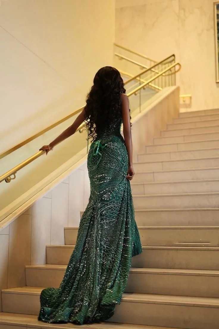 Glamour Mermaid Sweetheart Green Sequin Beads Prom Dresses Party Dress SP4192