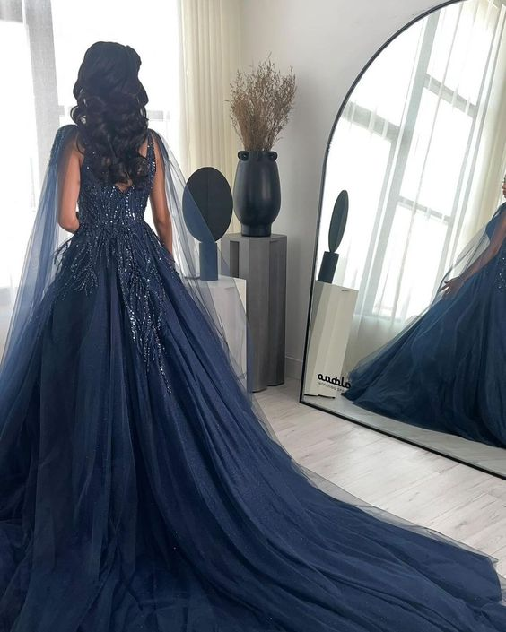 Navy Blue Glitter Square Neck Tulle Long Sleeves Luxury Ball Gown  Y4883