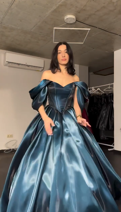 Elegant Off The Shoulder Ball Gown Blue Satin Long Party Dress Birthday Dress SP2144