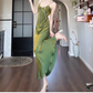 Simple Spaghetti Straps Satin Mermaid Long Wedding Guest Dress Green Birthday Party Gown SP1982