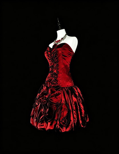 Sexy Red Satin Pleated Rose Floral A Line Short 9th Grade Homecoming Dress,Strapless Short Prom Dress SP3392