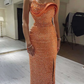 Orange Evening Dress Spaghetti Strap Pearls Beaded Sequin Lace Straight Dresses Y6648