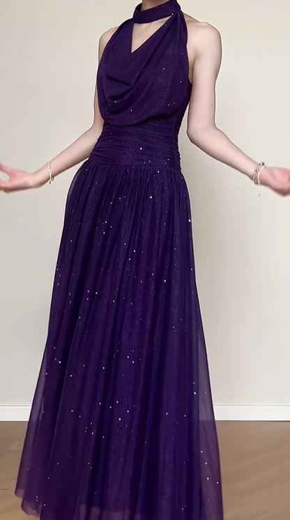 Shiny Halter Purple Tulle Sequin A Line Long Birthday Outfits Backless Evening Dress SP622