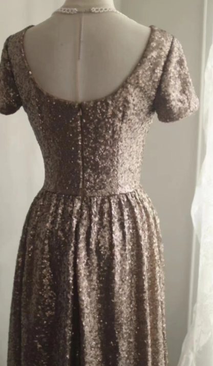Vintage Crew Neck Sequin Long Prom Dress Evening Gown SP851