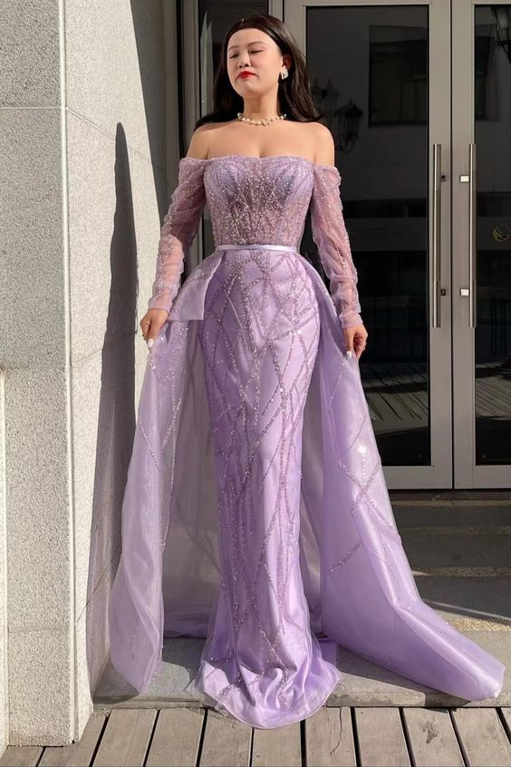 Lilac Off-The-Shoulder Long Sleeves Tulle Prom Dress Mermaid With Beads Y6716