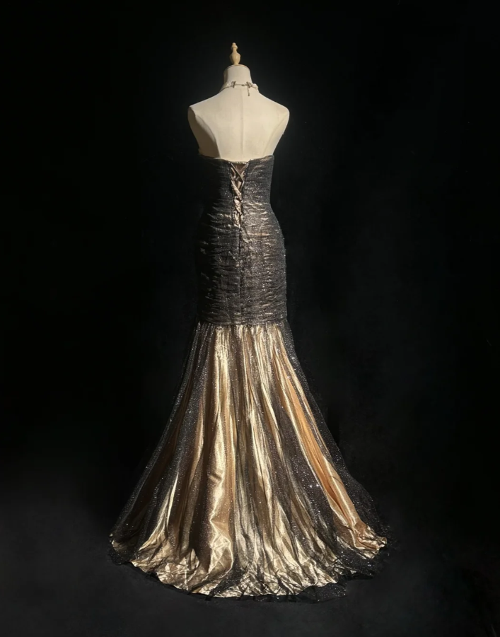 Glitter Strapless Tulle Appliques Beaded Mermaid Long Evening Dress Birthday Prom Dresses SP1791