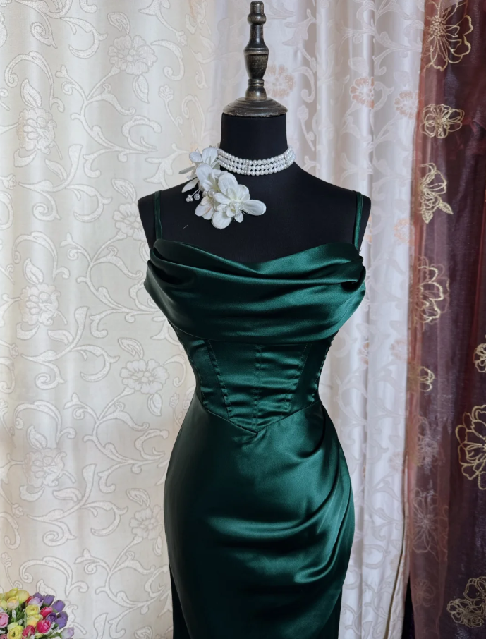 Unique Spaghetti Straps Emerald Green Satin Mermaid Slit Evening Dress Long Wedding Guest Dress SP1616